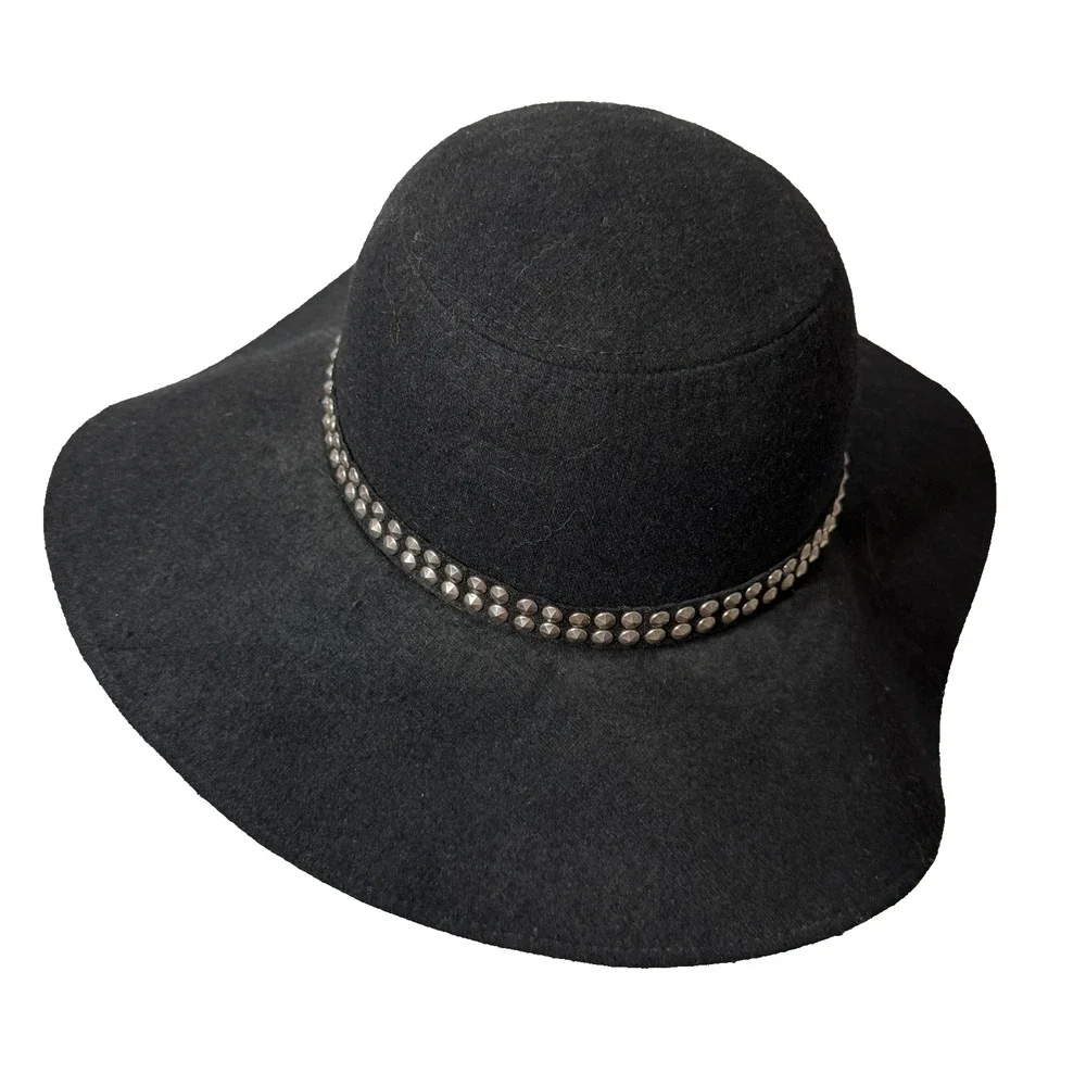 Sierra Accessories Black Wool Blend Wide Brim Floopy Hat Silver Studs OS